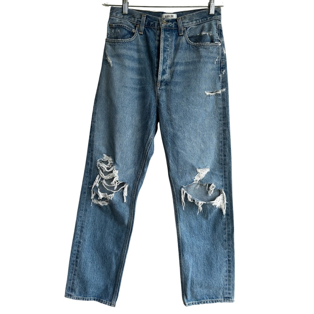 Agolde 90's Mid Rise Loose Distressed Straight Leg Jeans Blue Women‎ 28